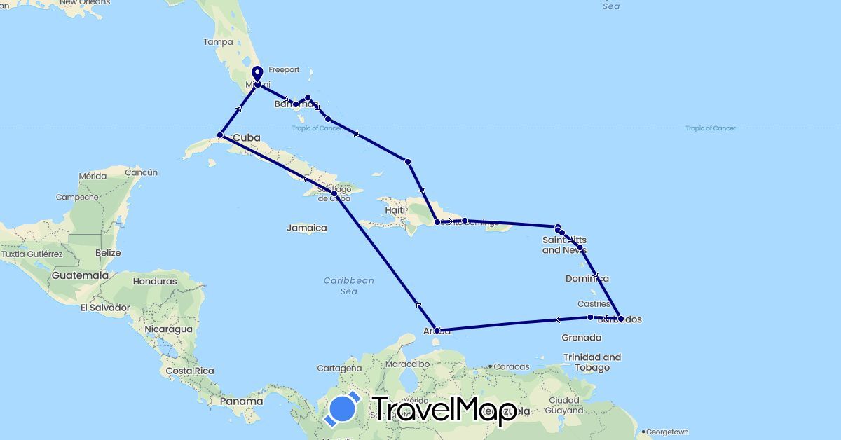 TravelMap itinerary: driving in Antigua and Barbuda, Anguilla, Barbados, Bahamas, Cuba, Dominican Republic, France, Netherlands, Turks and Caicos Islands, United States, Saint Vincent and the Grenadines (Europe, North America)