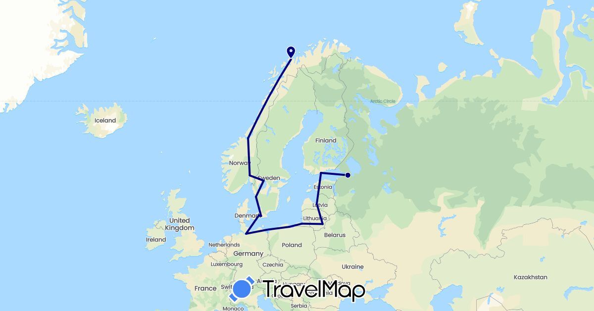 TravelMap itinerary: driving in Germany, Denmark, Estonia, Finland, Lithuania, Latvia, Norway, Poland, Russia, Sweden (Europe)